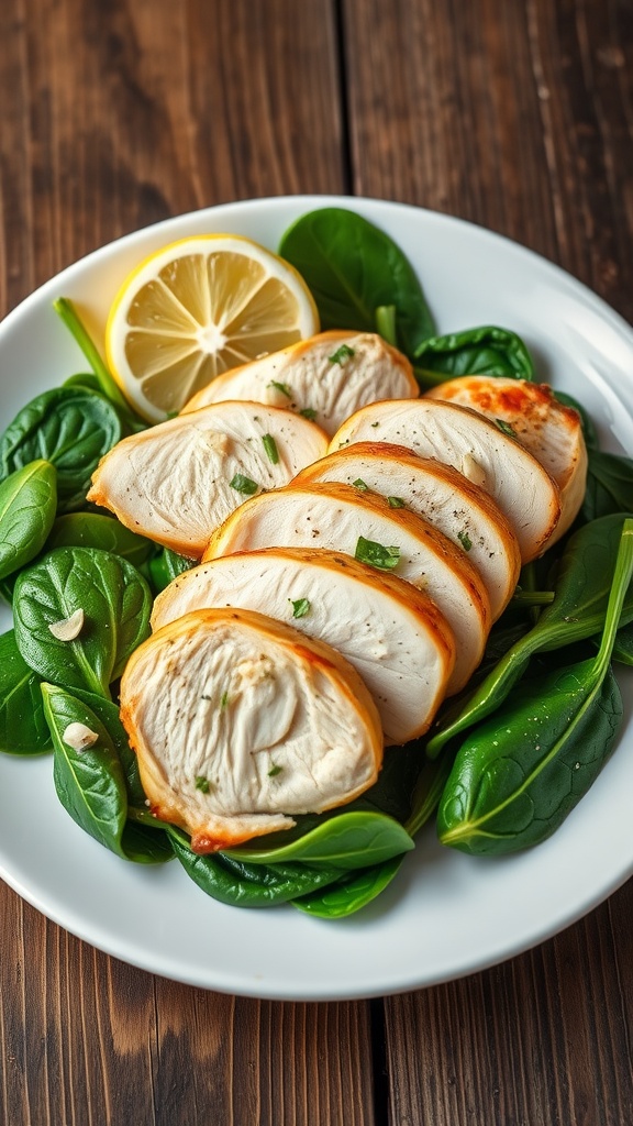 Sliced chicken breast on spinach with garlic and lemon, served on a rustic table.